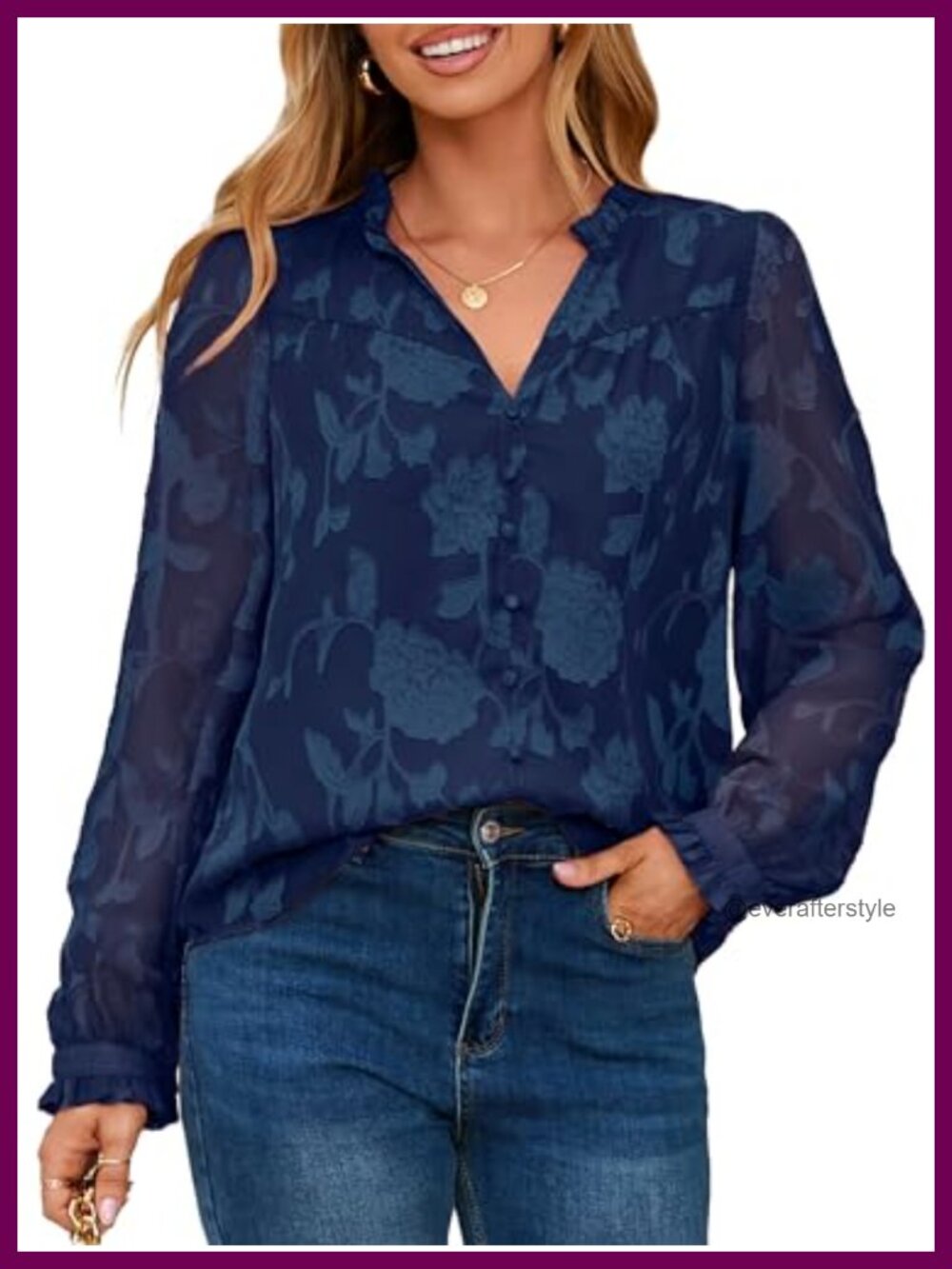 Womens Chiffon Burnout Blouse Long Sleeve V Neck Loose Fit Work Top